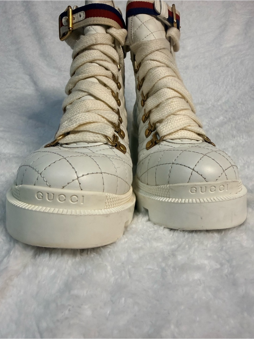 Gucci White Quilted Lace-Up Platform Ankle Boots with Red and Blue Stripe - Picture 4 of 16